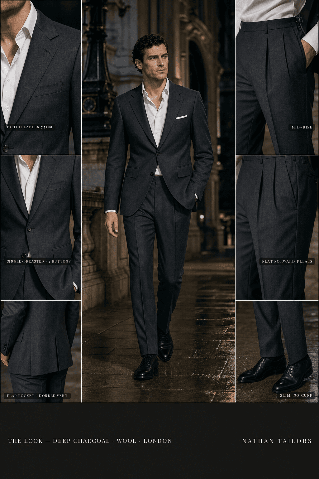 deep charcoal single-breasted bespoke suit — custom tailored by Nathan Tailors, the Hoi An custom tailor