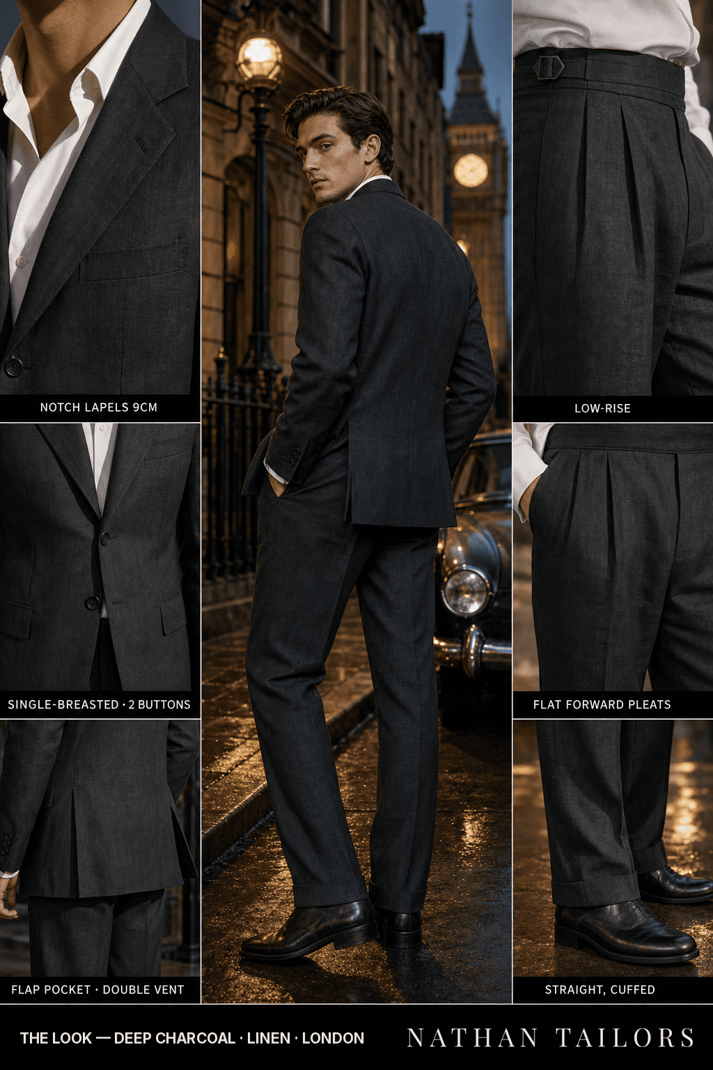 deep charcoal single-breasted notch-lapel bespoke suit — AI-rendered by Nathan Tailors, the Hoi An custom tailor. Available as a custom tailored suit from $149.