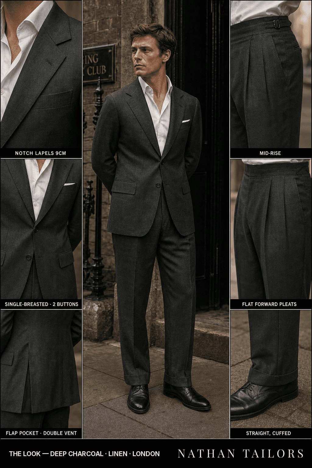 deep charcoal single-breasted bespoke suit — custom tailored by Nathan Tailors, the Hoi An custom tailor