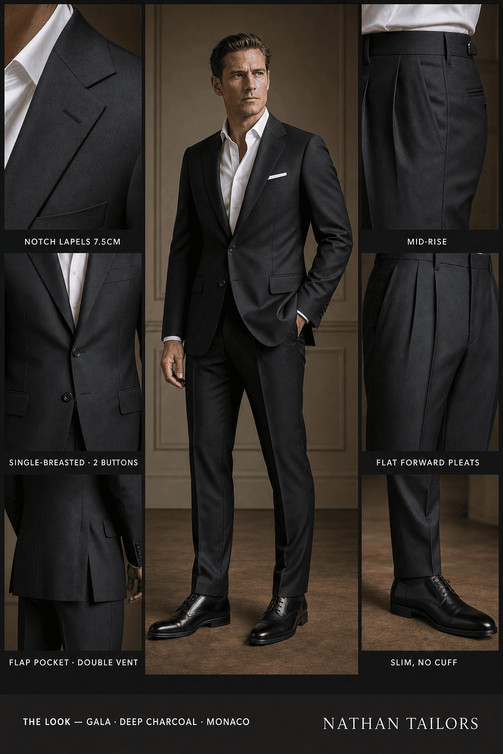 deep charcoal single-breasted bespoke suit — custom tailored by Nathan Tailors, the Hoi An custom tailor