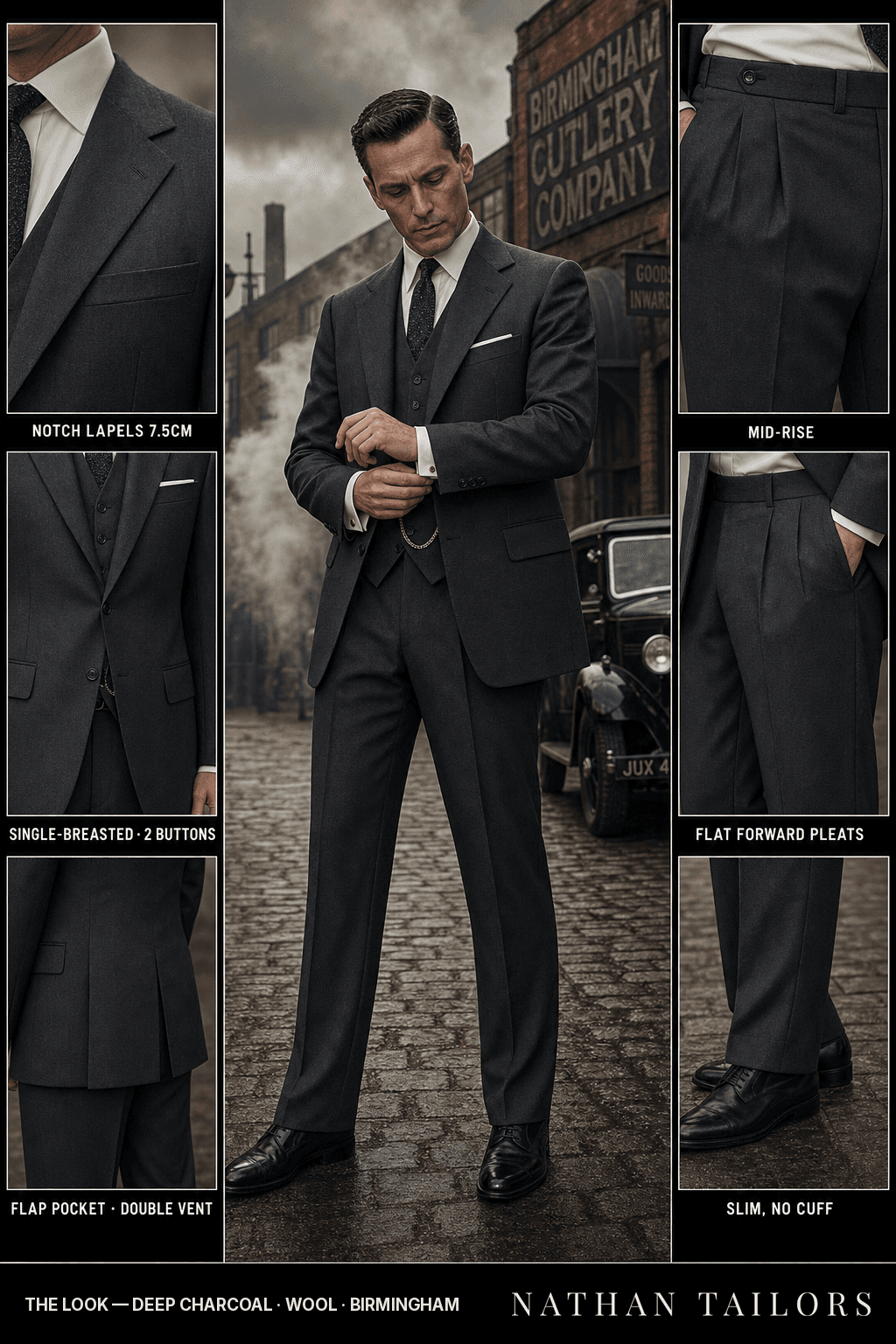 deep charcoal single-breasted bespoke suit — custom tailored by Nathan Tailors, the Hoi An custom tailor
