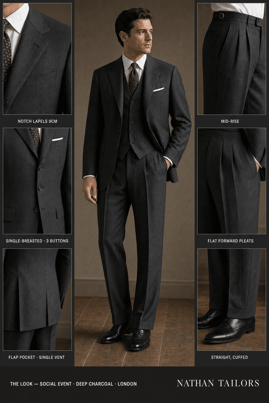 deep charcoal single-breasted notch-lapel bespoke suit — AI-rendered by Nathan Tailors, the Hoi An custom tailor. Available as a custom tailored suit from $129.