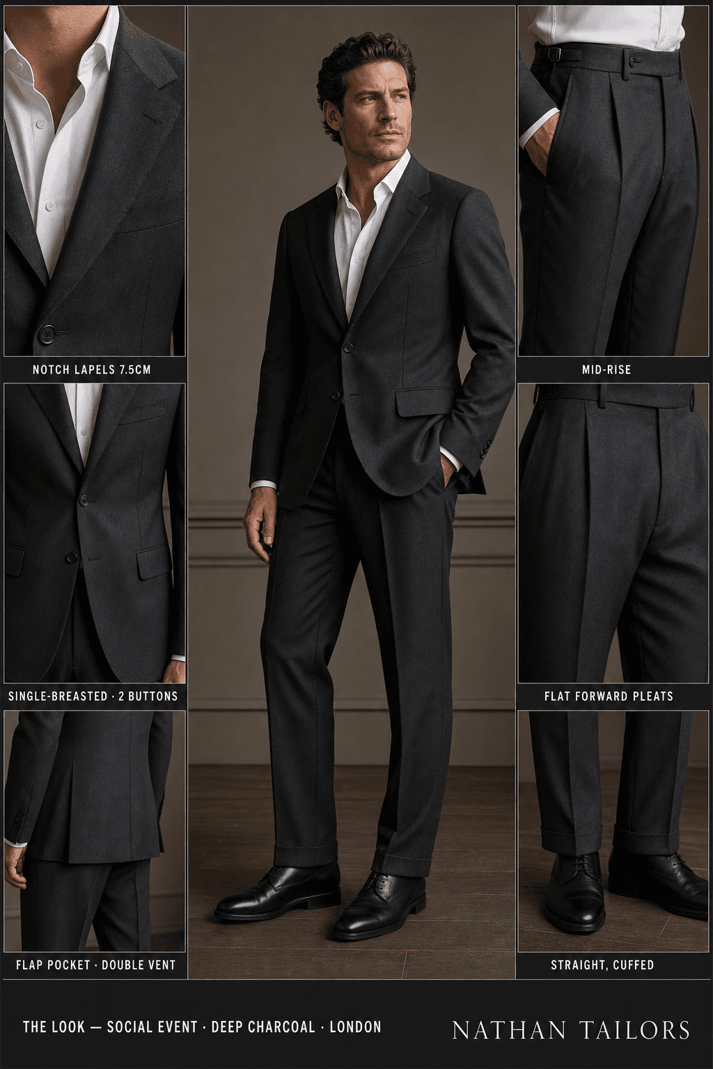 deep charcoal single-breasted bespoke suit — custom tailored by Nathan Tailors, the Hoi An custom tailor