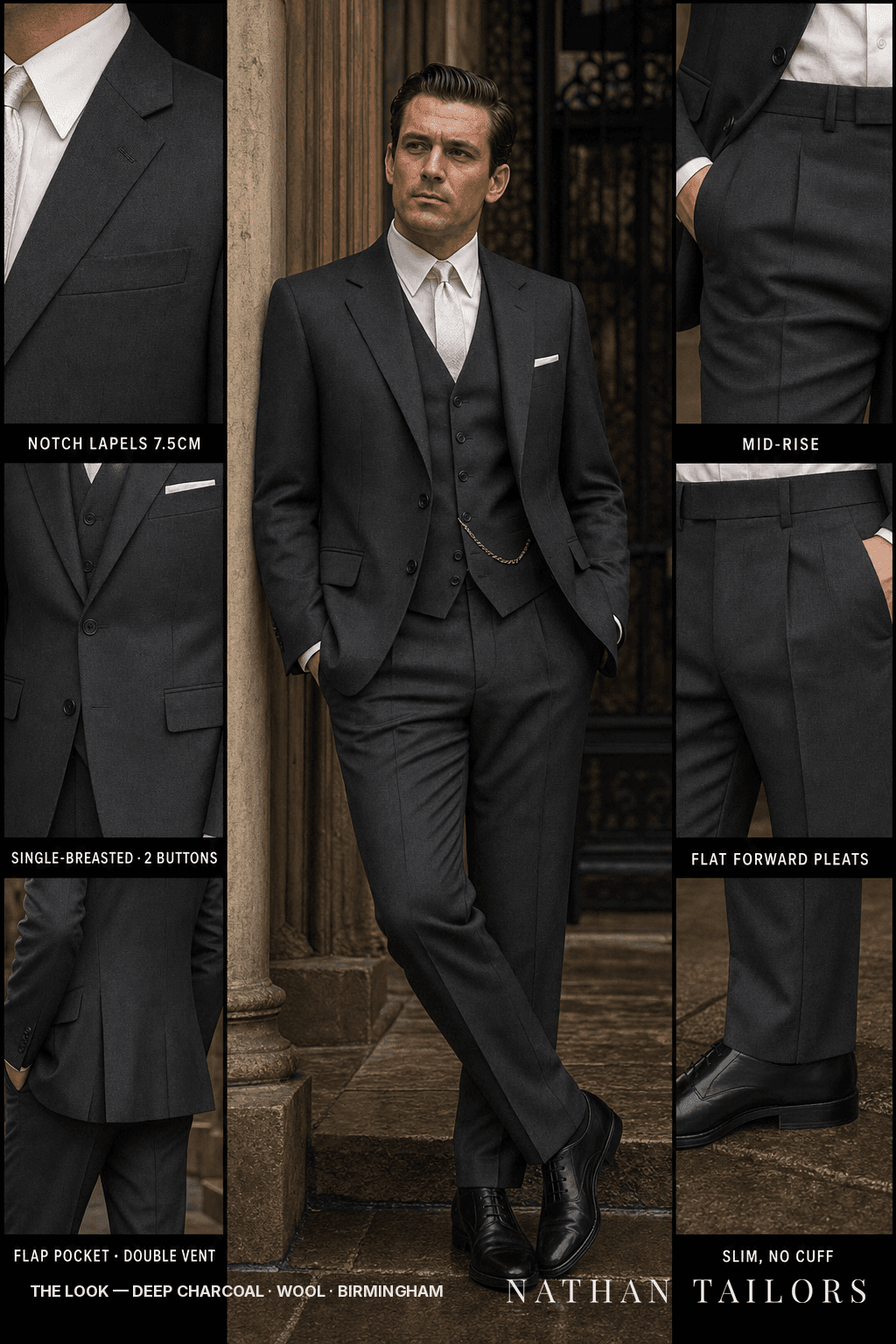 deep charcoal single-breasted bespoke suit — custom tailored by Nathan Tailors, the Hoi An custom tailor