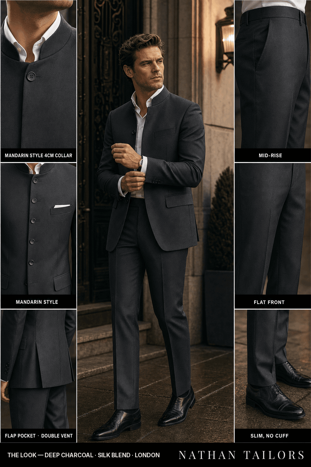 deep charcoal single-breasted bespoke suit — custom tailored by Nathan Tailors, the Hoi An custom tailor