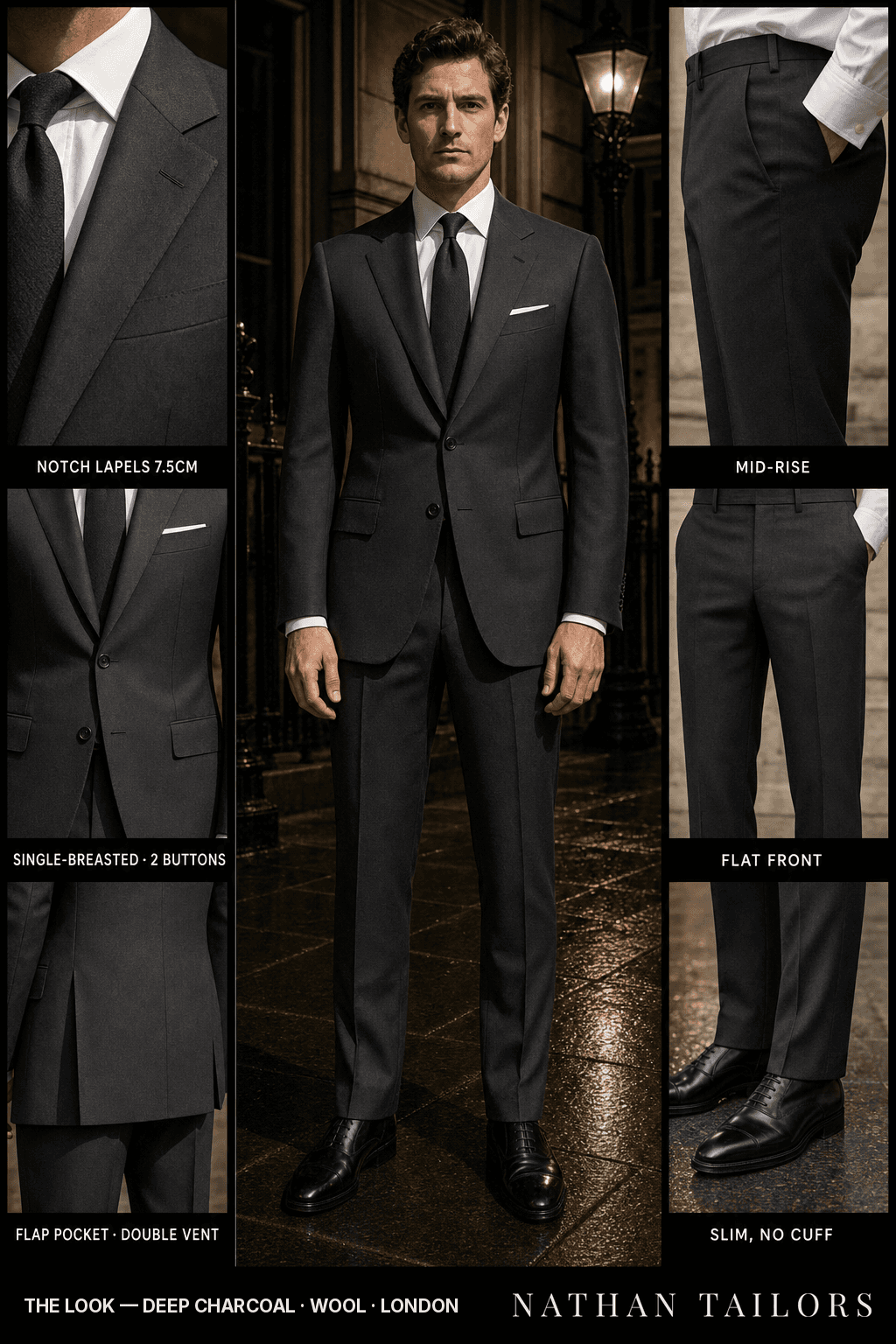 deep charcoal single-breasted bespoke suit — custom tailored by Nathan Tailors, the Hoi An custom tailor