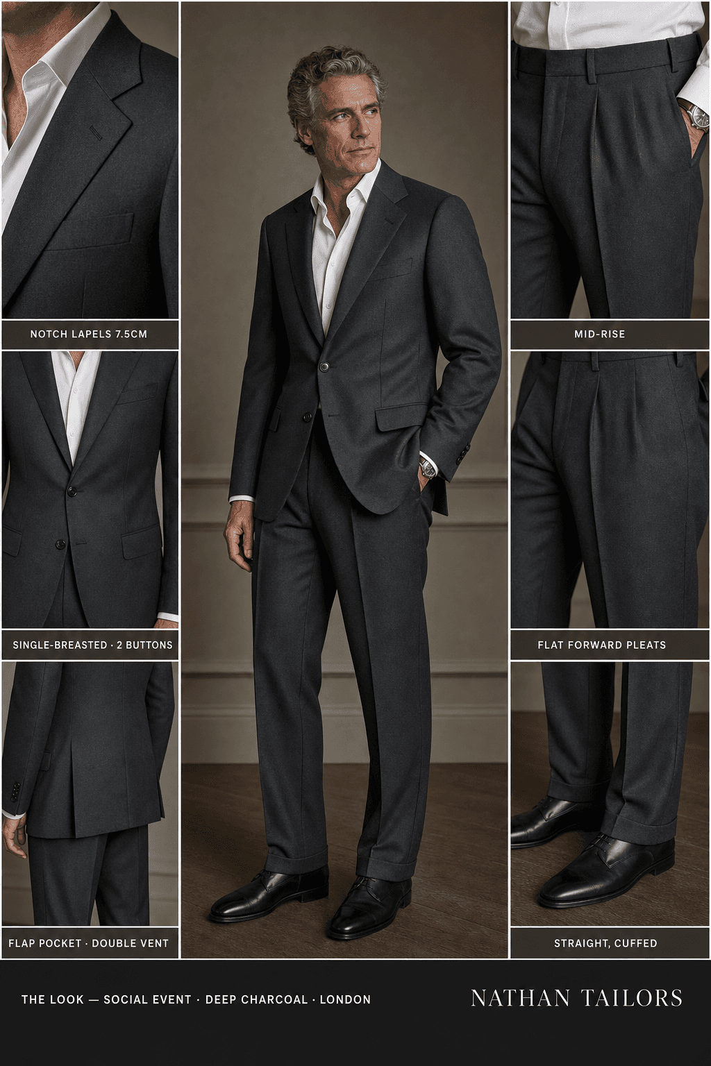 deep charcoal single-breasted bespoke suit — custom tailored by Nathan Tailors, the Hoi An custom tailor