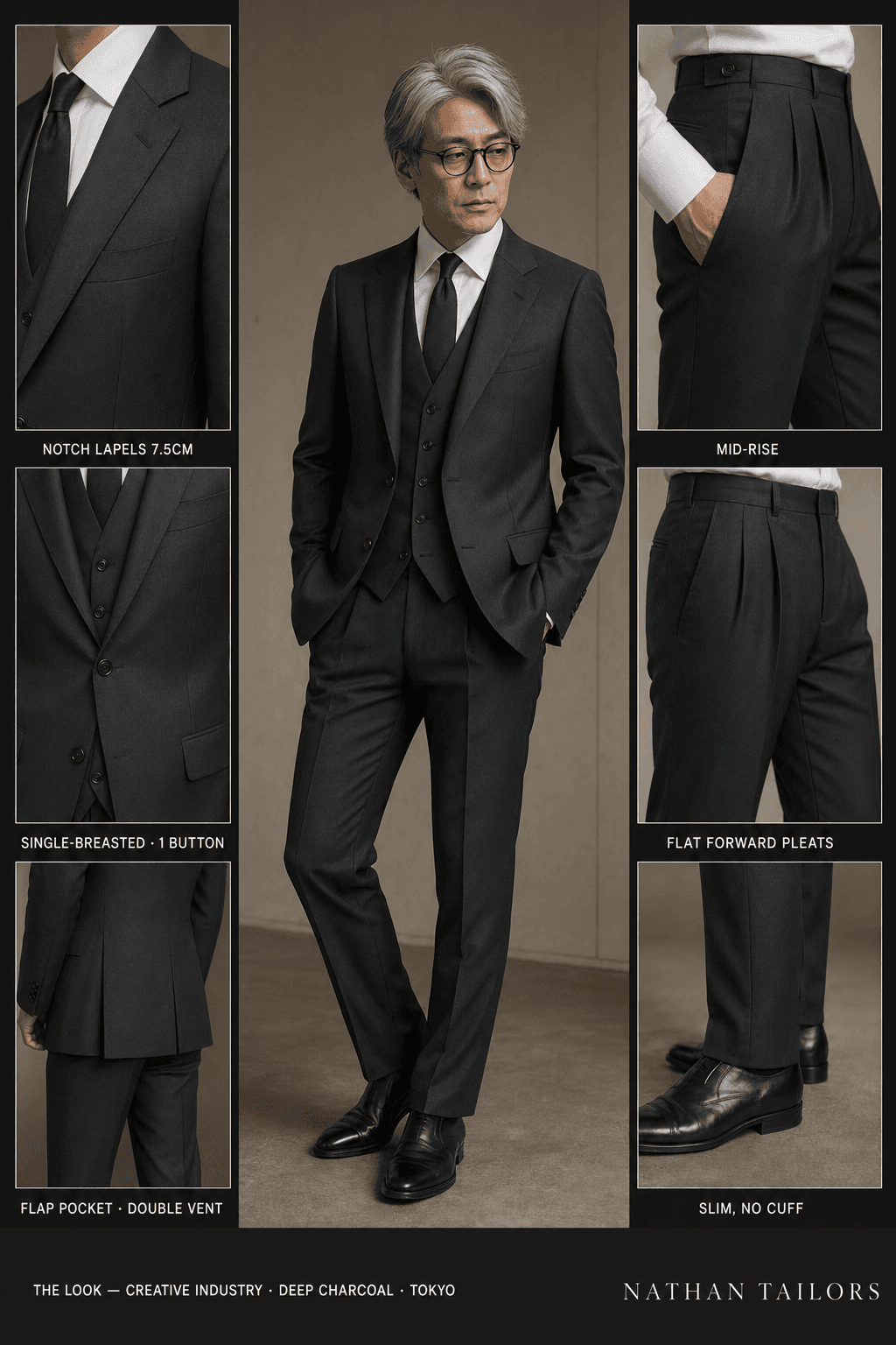 deep charcoal single-breasted notch-lapel bespoke suit — AI-rendered by Nathan Tailors, the Hoi An custom tailor. Available as a custom tailored suit from $129.