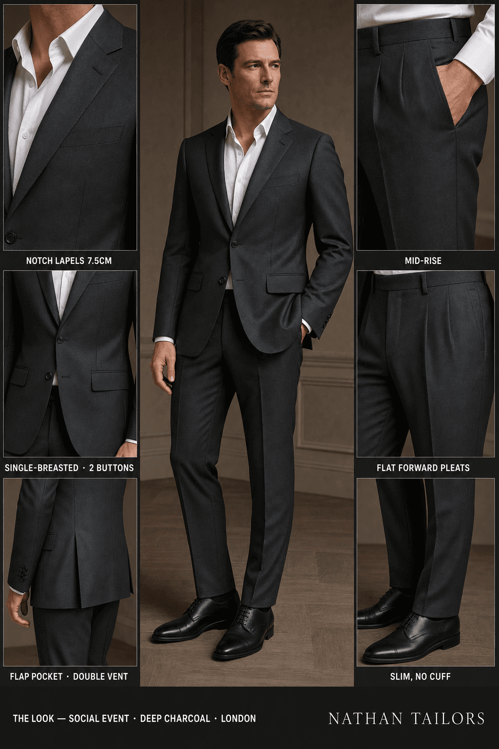 deep charcoal single-breasted bespoke suit — custom tailored by Nathan Tailors, the Hoi An custom tailor