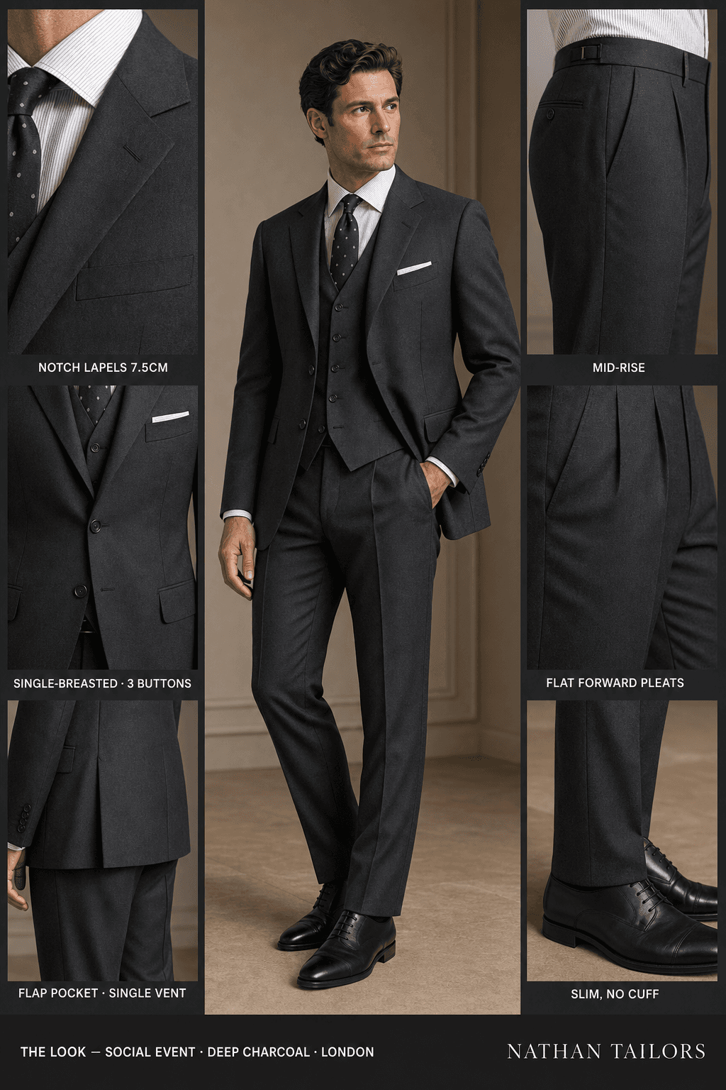 deep charcoal single-breasted notch-lapel bespoke suit — AI-rendered by Nathan Tailors, the Hoi An custom tailor. Available as a custom tailored suit from $129.