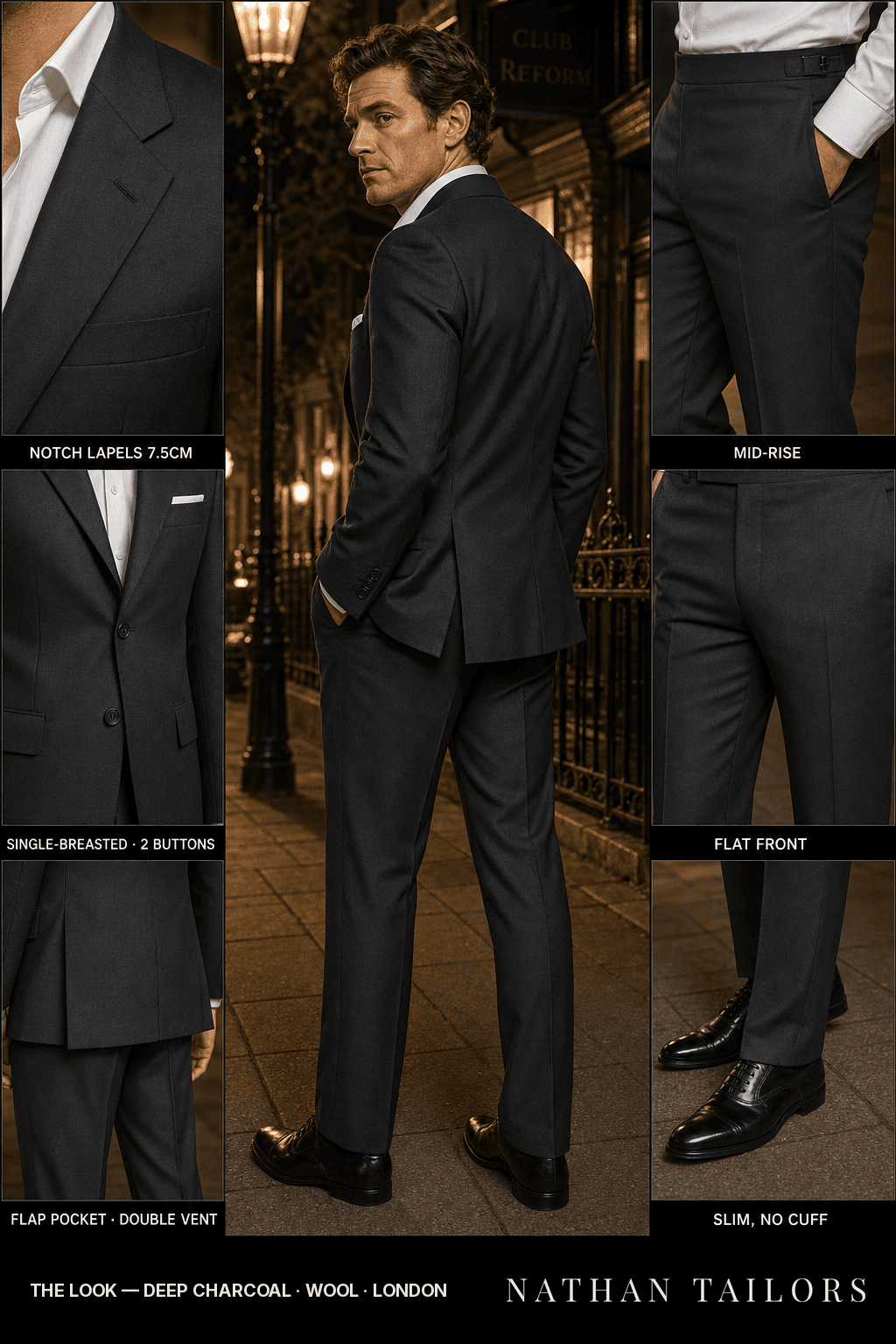 deep charcoal single-breasted bespoke suit — custom tailored by Nathan Tailors, the Hoi An custom tailor