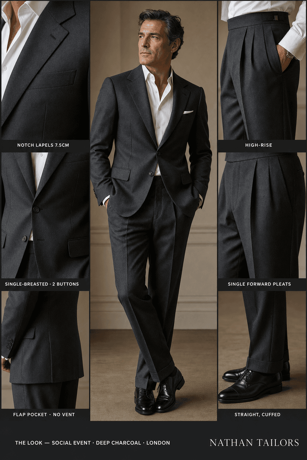 deep charcoal single-breasted notch-lapel bespoke suit — AI-rendered by Nathan Tailors, the Hoi An custom tailor. Available as a custom tailored suit from $129.