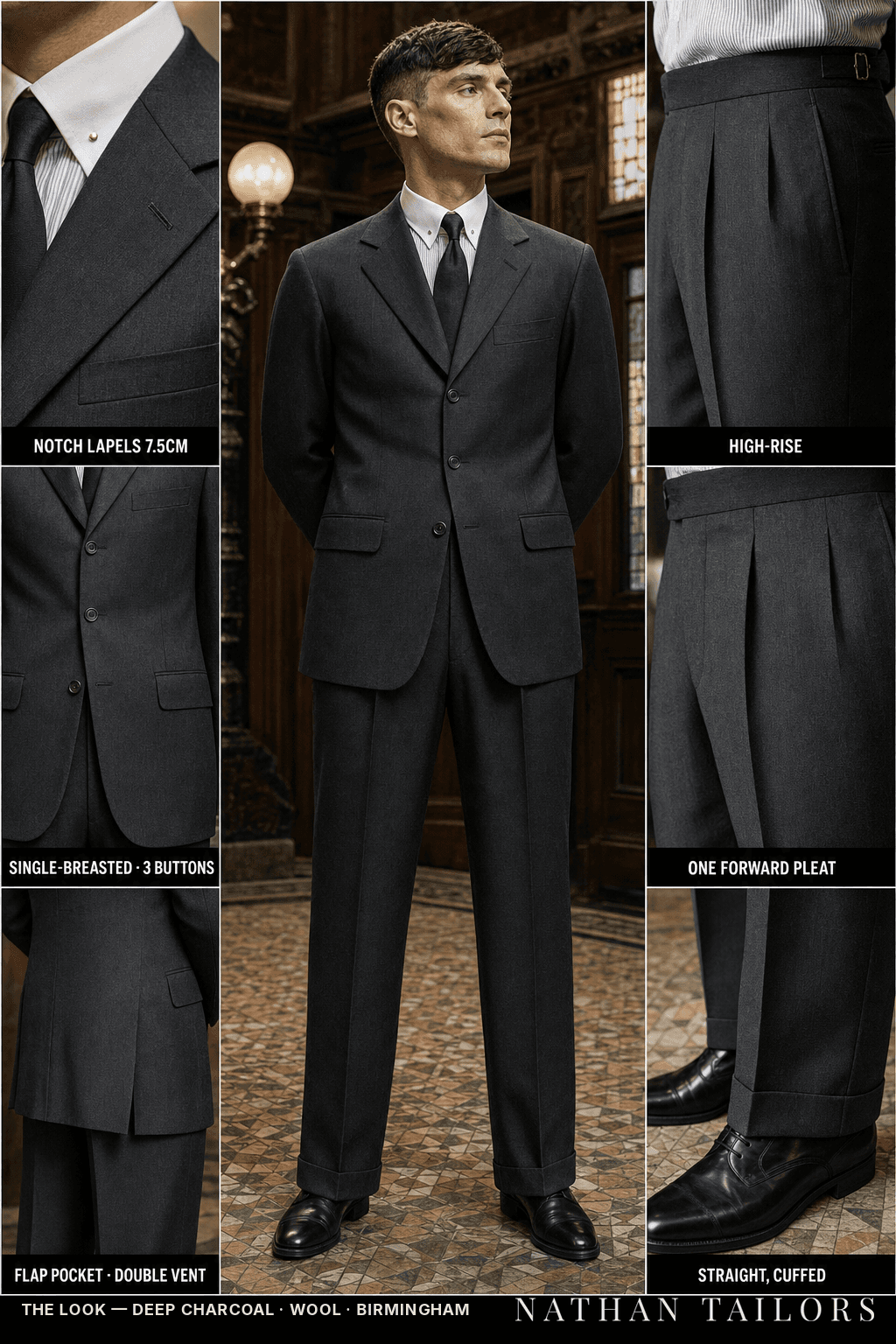 deep charcoal single-breasted suit — Nathan Tailors Hoi An tailor Atelier render