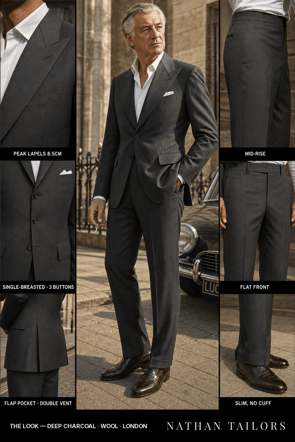 deep charcoal single-breasted bespoke suit — custom tailored by Nathan Tailors, the Hoi An custom tailor