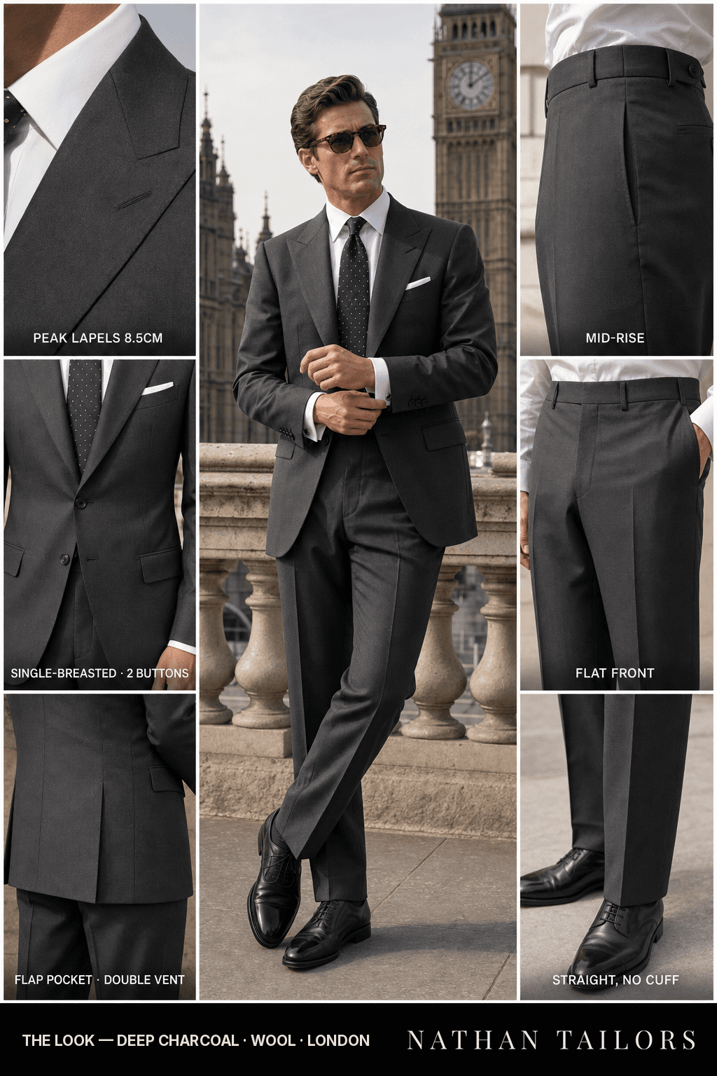 deep charcoal single-breasted bespoke suit — custom tailored by Nathan Tailors, the Hoi An custom tailor