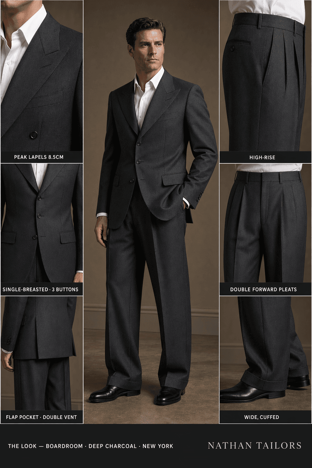 deep charcoal single-breasted suit — Nathan Tailors Hoi An tailor Atelier render