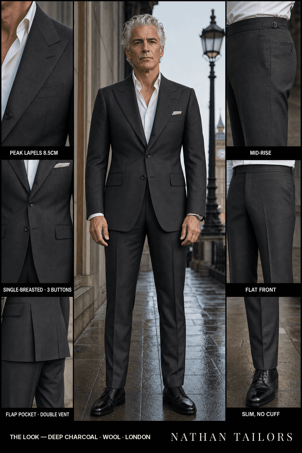 deep charcoal single-breasted bespoke suit — custom tailored by Nathan Tailors, the Hoi An custom tailor