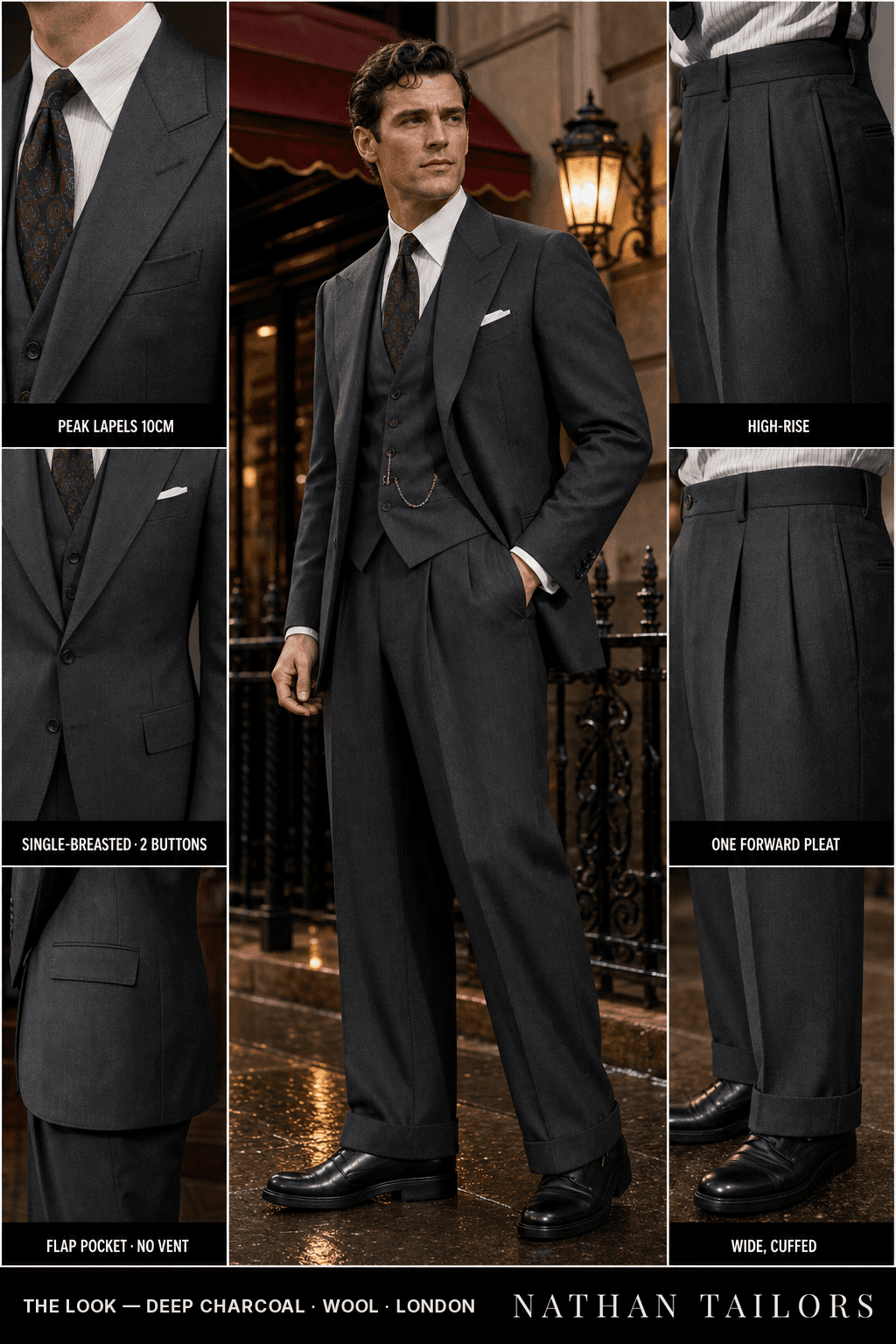 deep charcoal single-breasted bespoke suit — custom tailored by Nathan Tailors, the Hoi An custom tailor