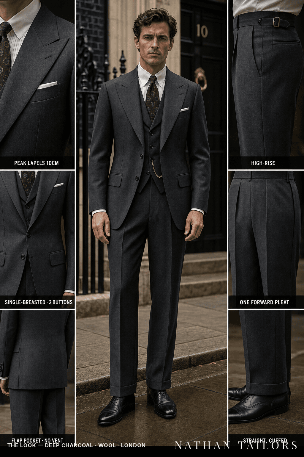 deep charcoal single-breasted peak-lapel bespoke suit — AI-rendered by Nathan Tailors, the Hoi An custom tailor. Available as a custom tailored suit from $149.