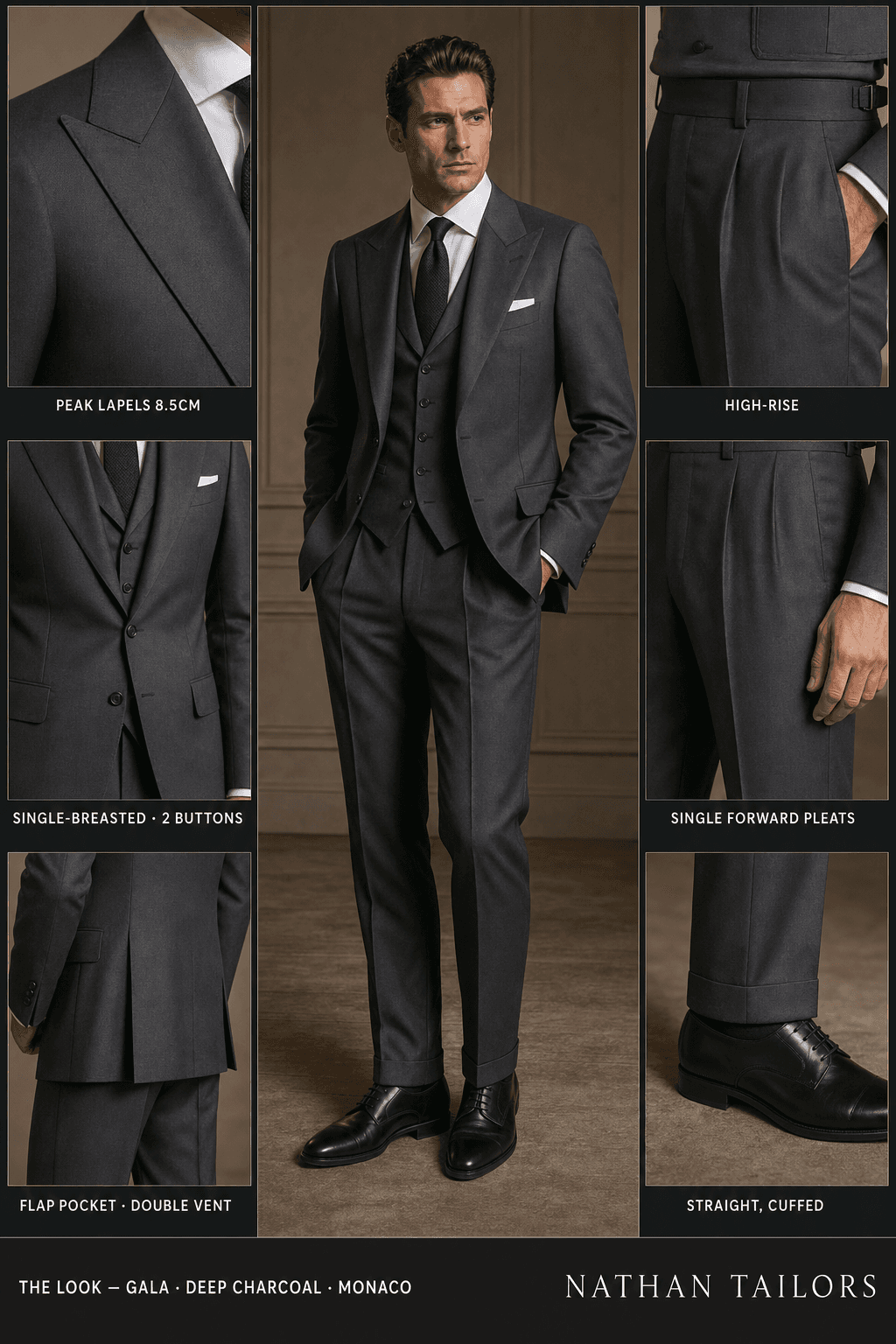 deep charcoal single-breasted bespoke suit — custom tailored by Nathan Tailors, the Hoi An custom tailor