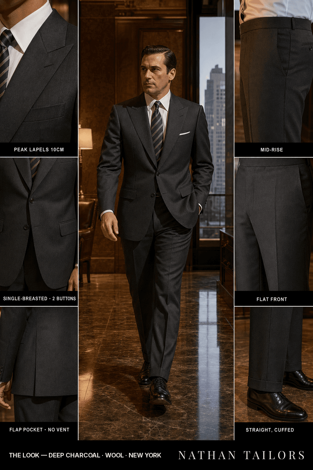 deep charcoal single-breasted bespoke suit — custom tailored by Nathan Tailors, the Hoi An custom tailor