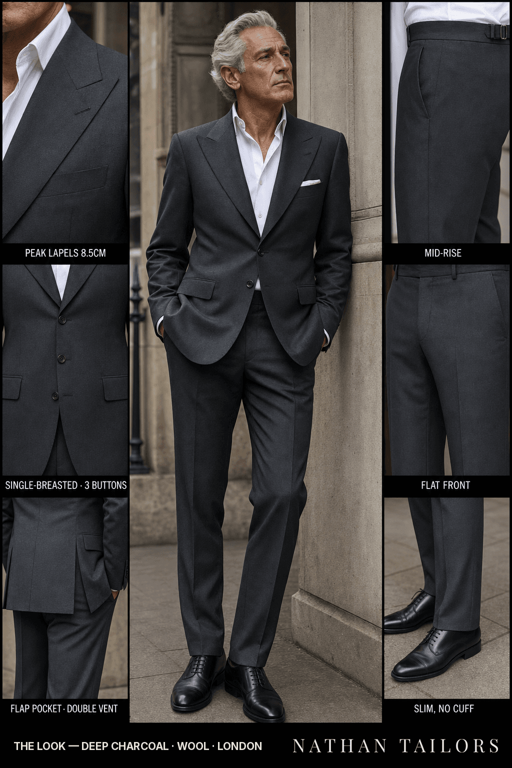 deep charcoal single-breasted bespoke suit — custom tailored by Nathan Tailors, the Hoi An custom tailor