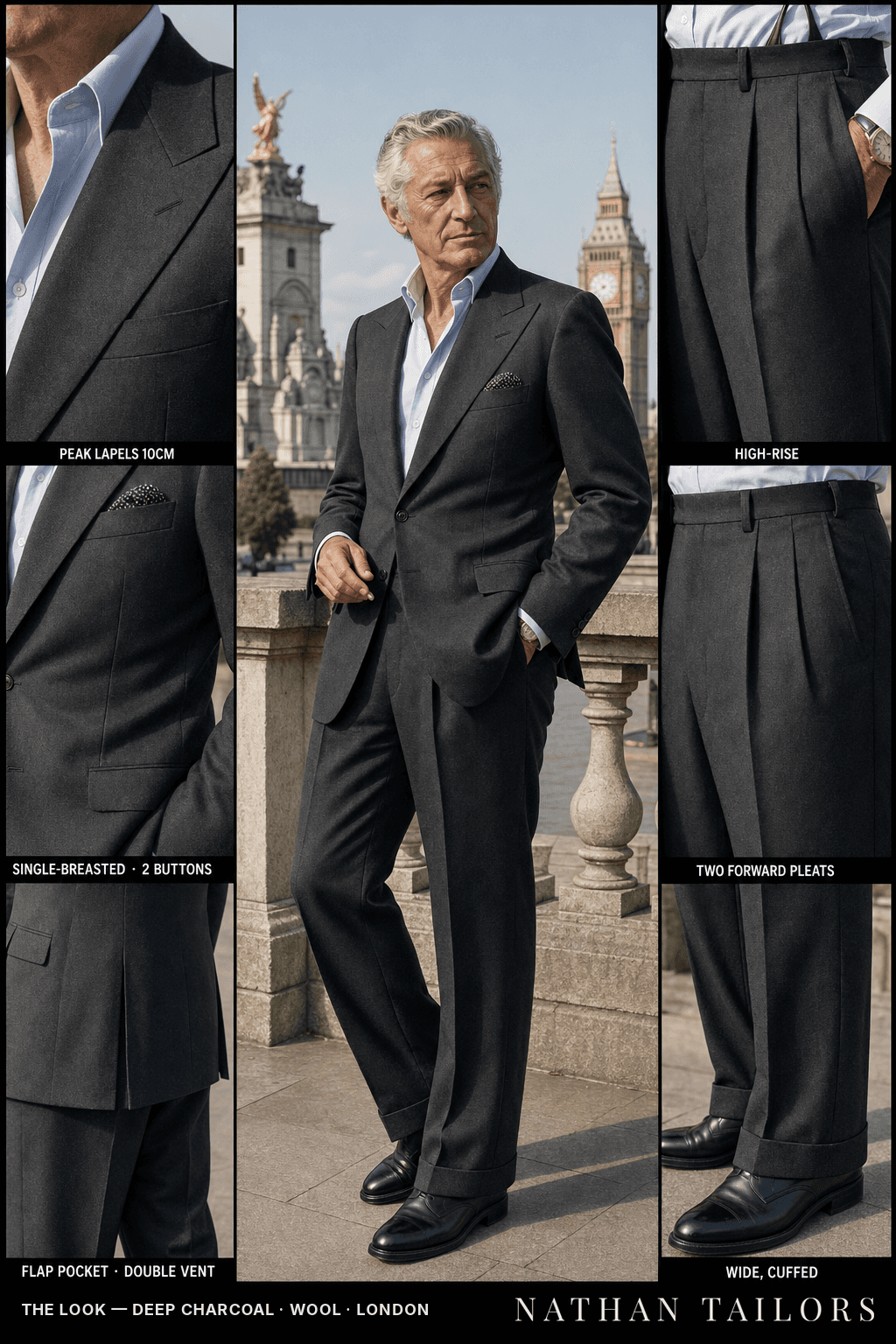 deep charcoal single-breasted bespoke suit — custom tailored by Nathan Tailors, the Hoi An custom tailor