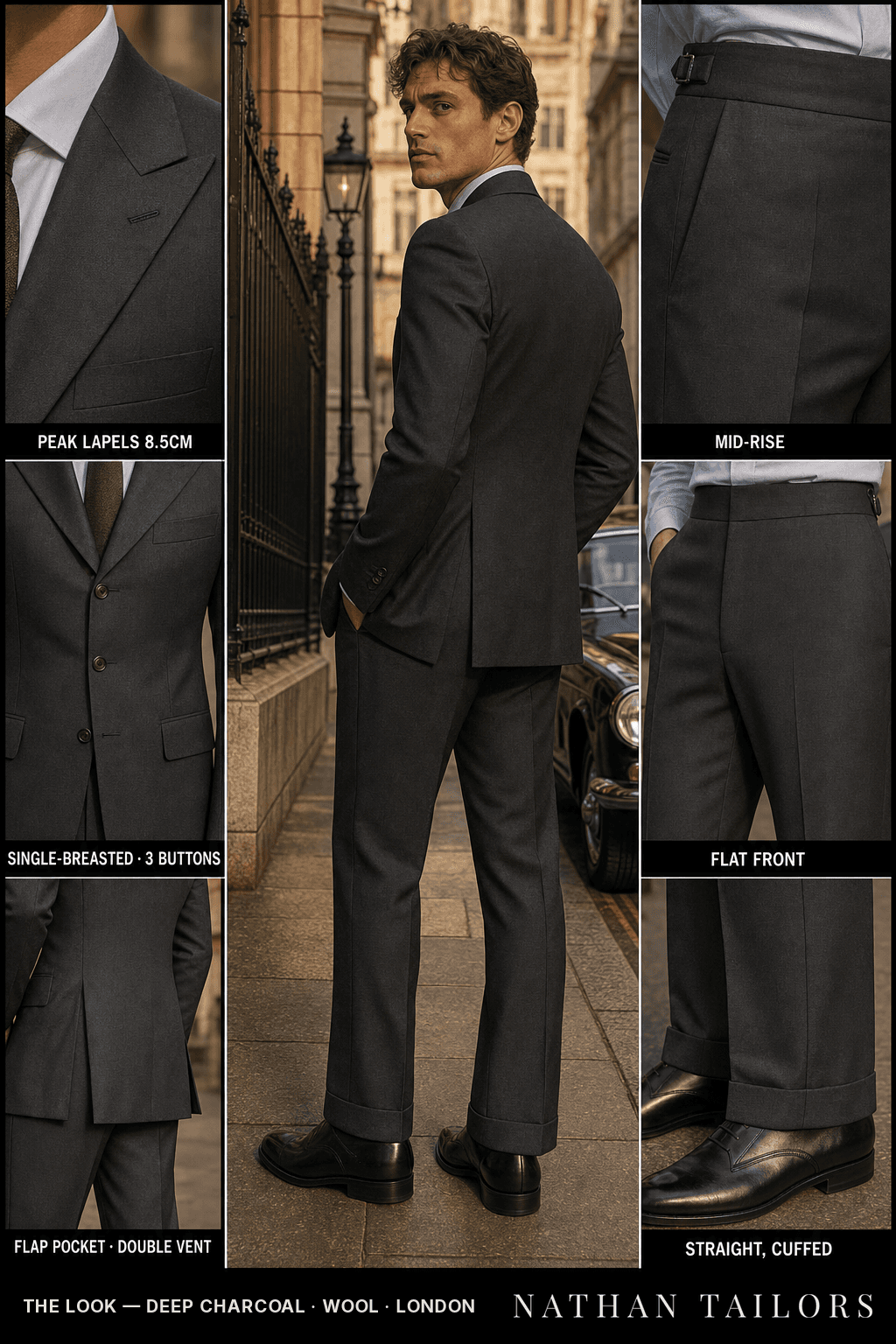 deep charcoal single-breasted peak-lapel bespoke suit — AI-rendered by Nathan Tailors, the Hoi An custom tailor. Available as a custom tailored suit from $149.