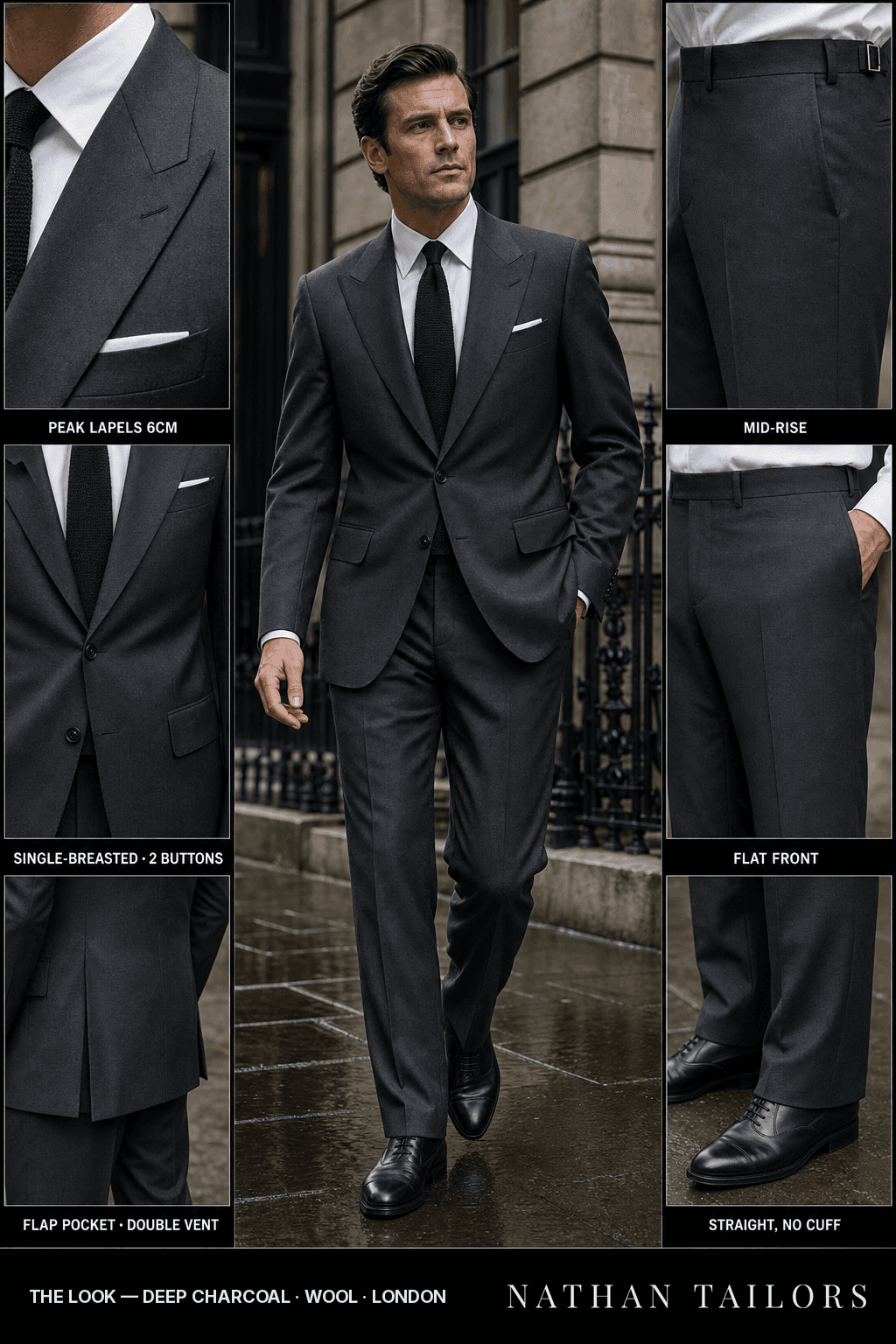 deep charcoal single-breasted bespoke suit — custom tailored by Nathan Tailors, the Hoi An custom tailor