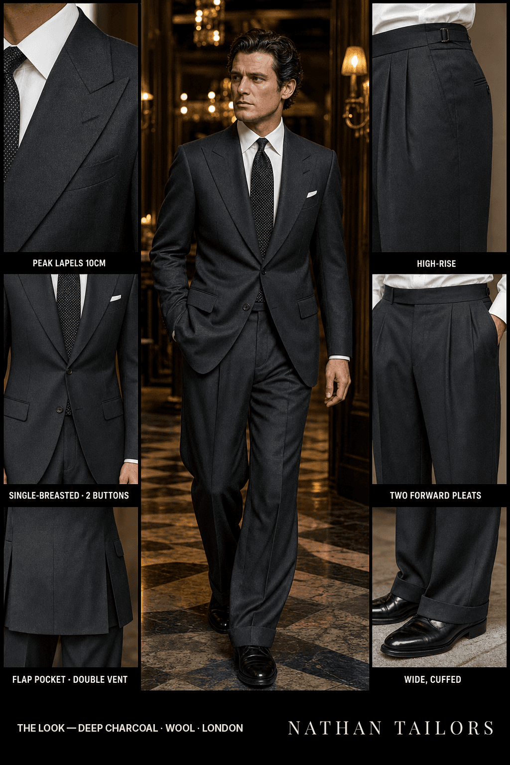 deep charcoal single-breasted bespoke suit — custom tailored by Nathan Tailors, the Hoi An custom tailor