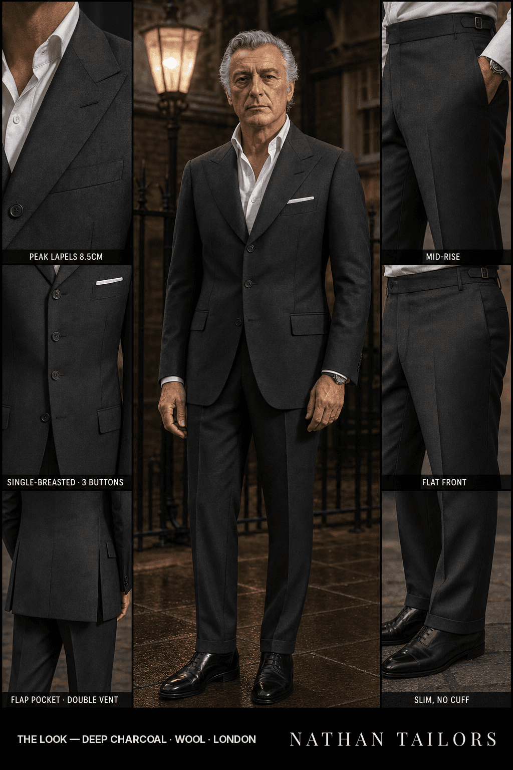 deep charcoal single-breasted bespoke suit — custom tailored by Nathan Tailors, the Hoi An custom tailor