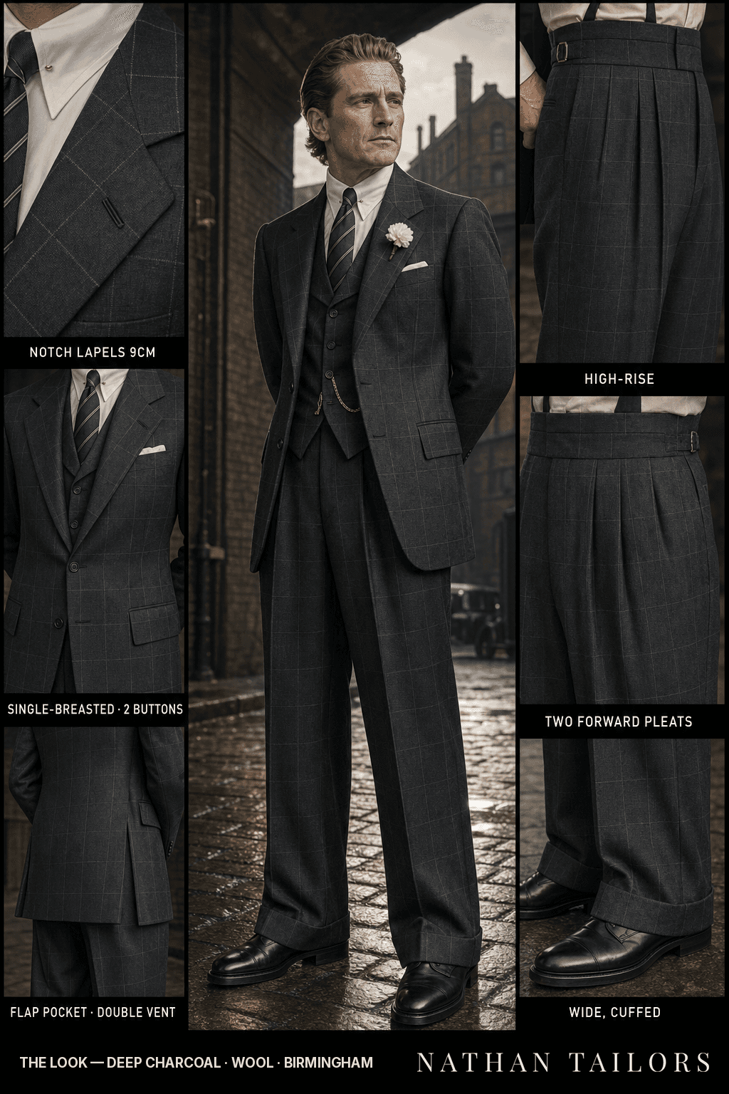 deep charcoal windowpane single-breasted bespoke suit — custom tailored by Nathan Tailors, the Hoi An custom tailor