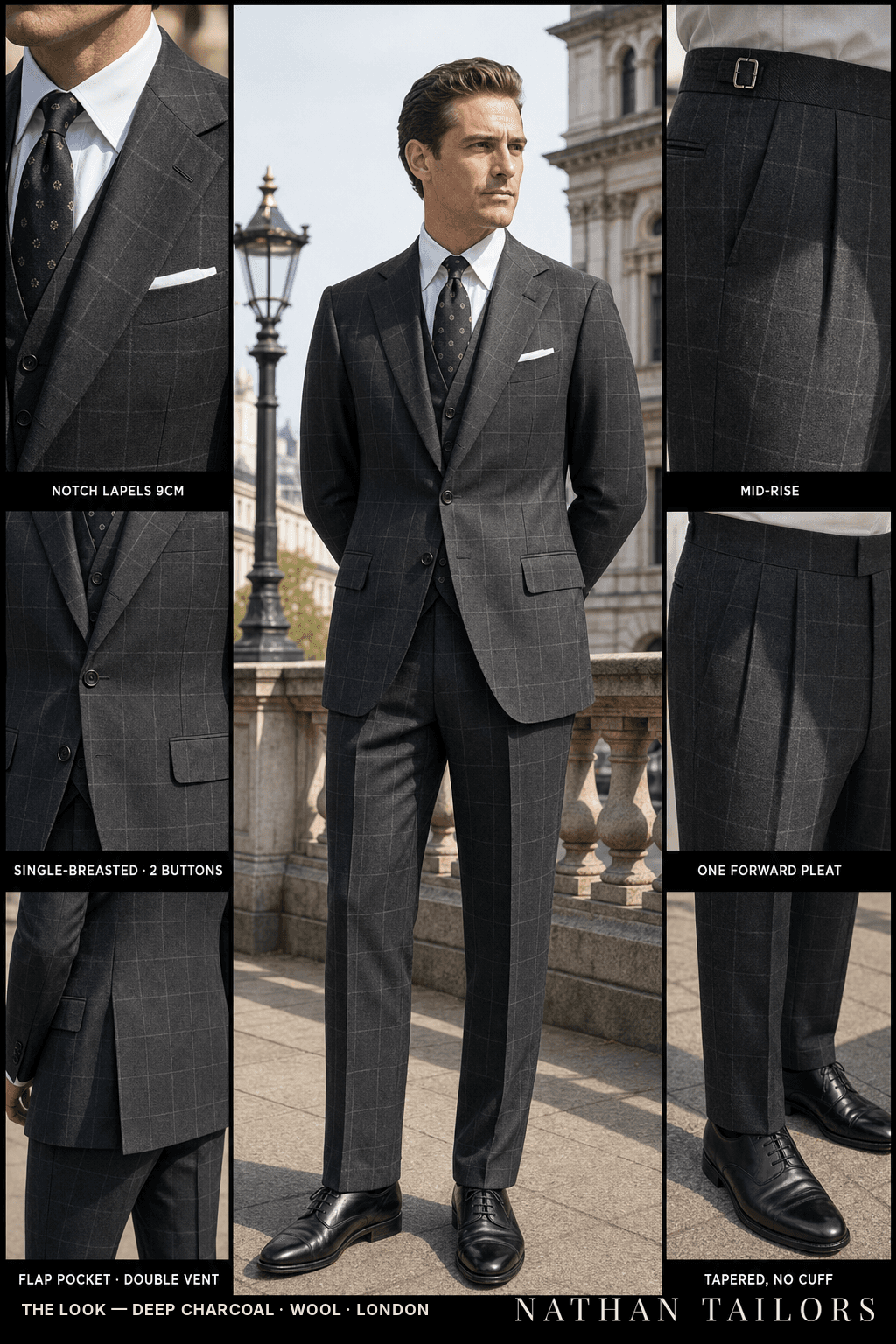 deep charcoal windowpane single-breasted bespoke suit — custom tailored by Nathan Tailors, the Hoi An custom tailor
