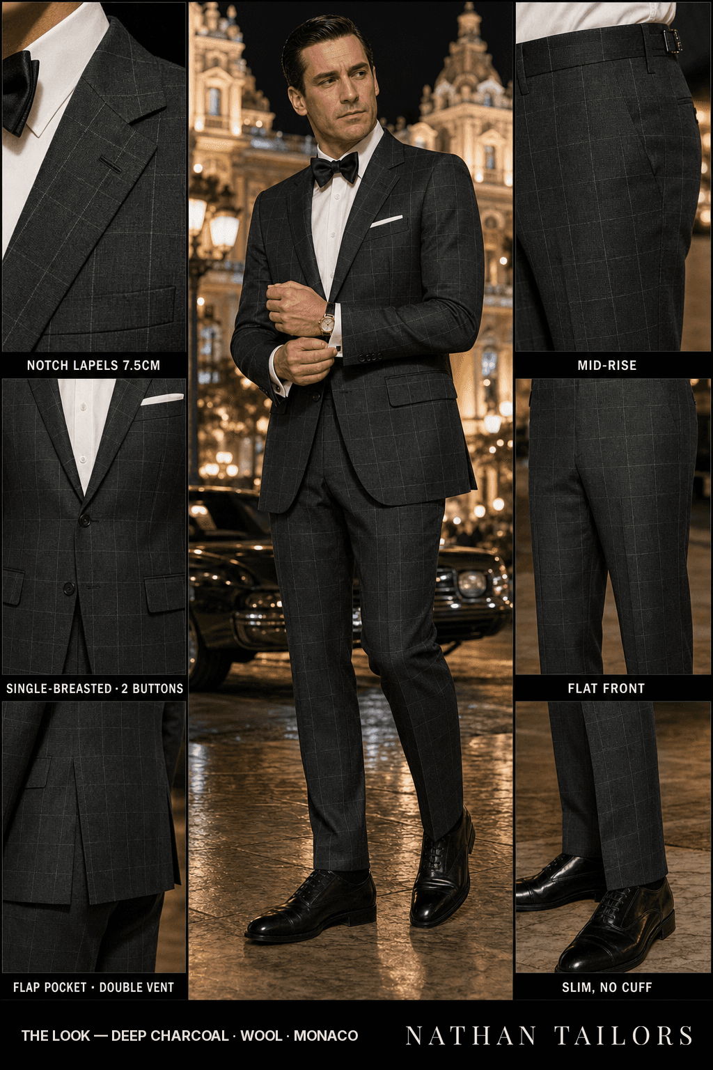 deep charcoal windowpane single-breasted bespoke suit — custom tailored by Nathan Tailors, the Hoi An custom tailor