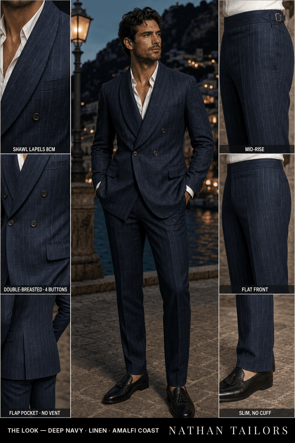 deep navy chalk stripe double-breasted shawl-lapel bespoke suit — AI-rendered by Nathan Tailors, the Hoi An custom tailor. Available as a custom tailored suit from $149.