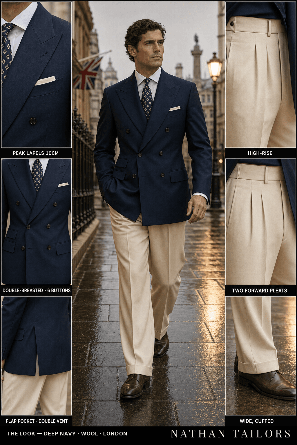 deep navy double-breasted bespoke suit — custom tailored by Nathan Tailors, the Hoi An custom tailor