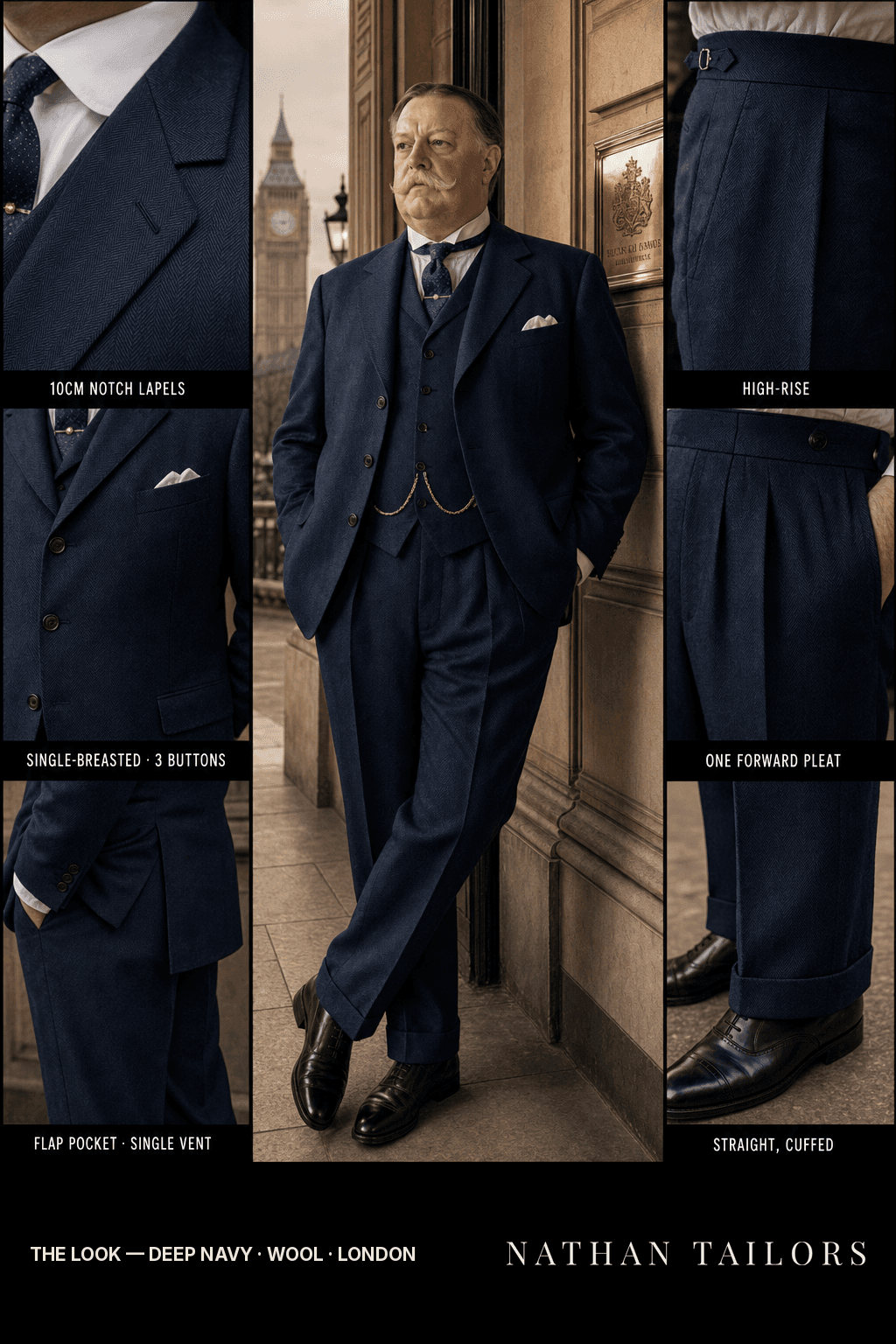 deep navy herringbone single-breasted bespoke suit — custom tailored by Nathan Tailors, the Hoi An custom tailor