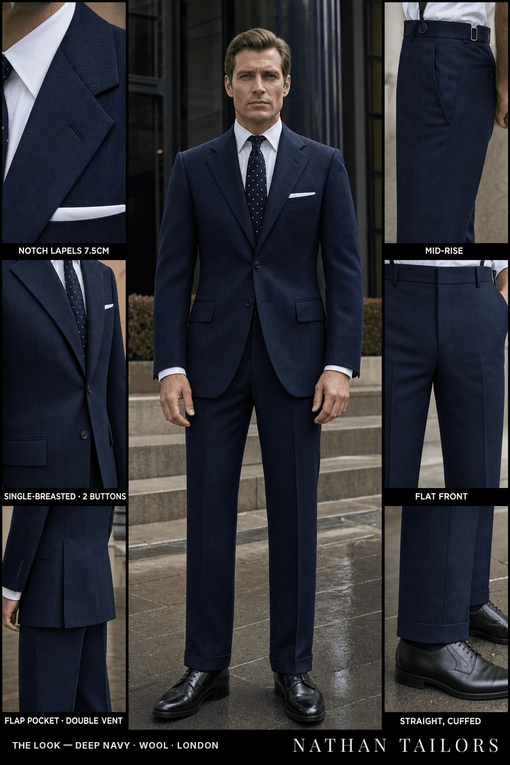 deep navy herringbone single-breasted bespoke suit — custom tailored by Nathan Tailors, the Hoi An custom tailor