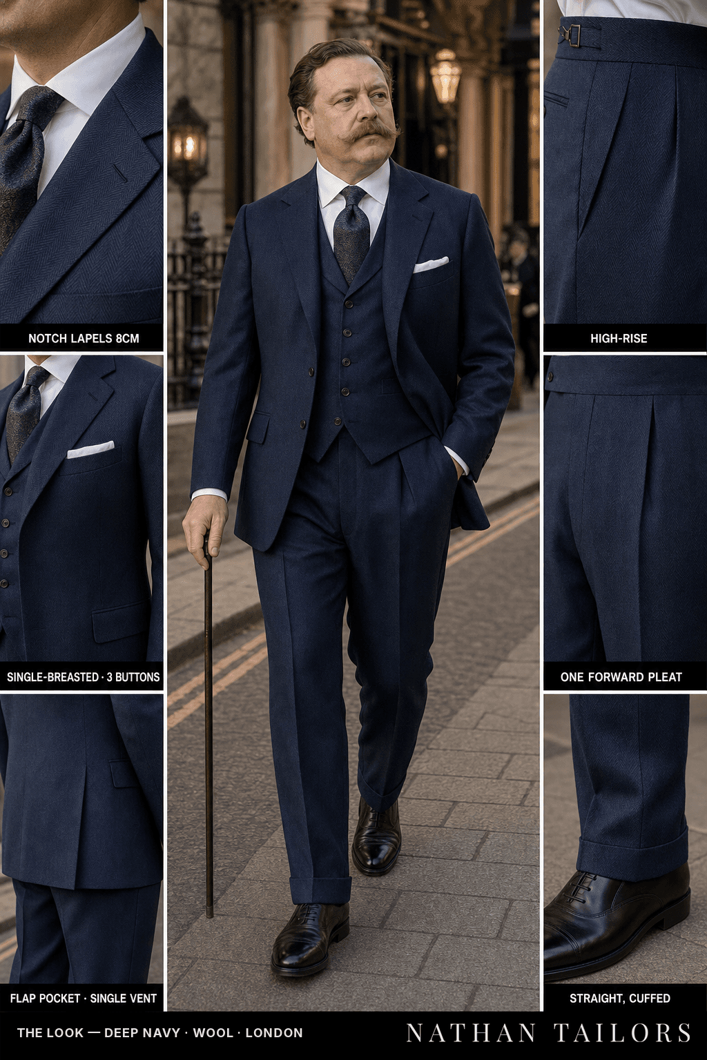 deep navy herringbone single-breasted bespoke suit — custom tailored by Nathan Tailors, the Hoi An custom tailor