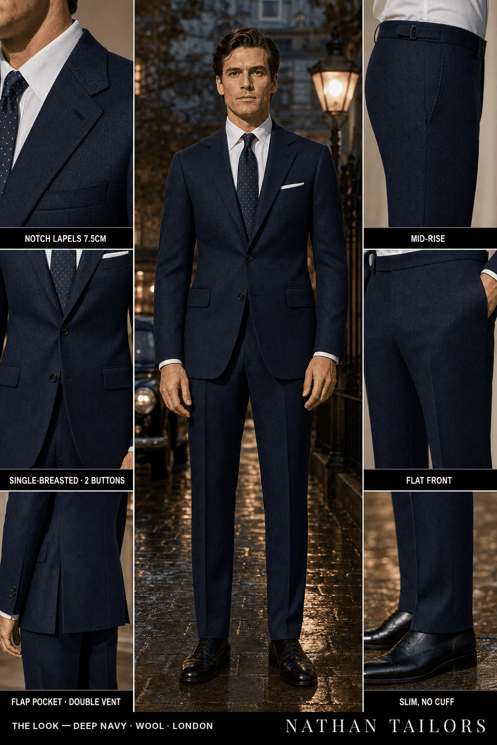 deep navy herringbone single-breasted bespoke suit — custom tailored by Nathan Tailors, the Hoi An custom tailor