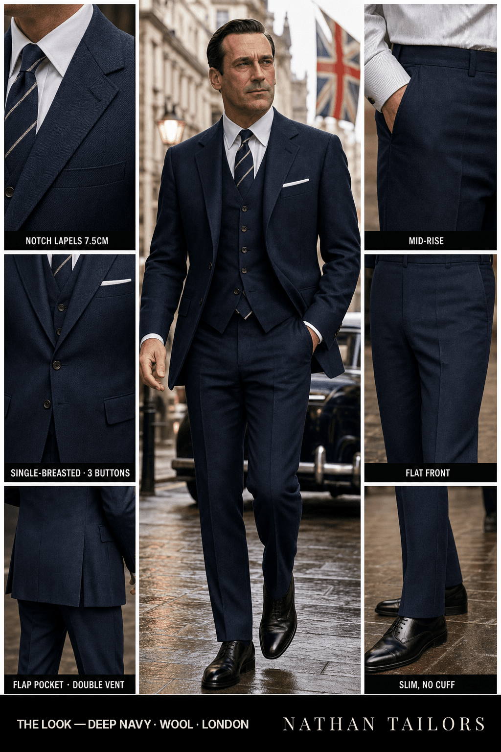 deep navy herringbone single-breasted bespoke suit — custom tailored by Nathan Tailors, the Hoi An custom tailor