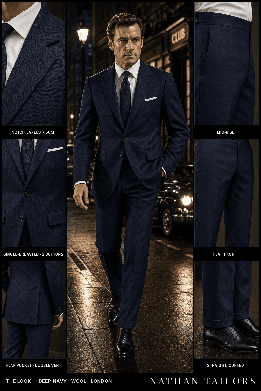 deep navy herringbone single-breasted notch-lapel bespoke suit — AI-rendered by Nathan Tailors, the Hoi An custom tailor. Available as a custom tailored suit from $149.