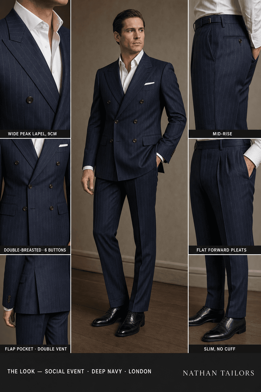 deep navy pinstripe double-breasted notch-lapel bespoke suit — AI-rendered by Nathan Tailors, the Hoi An custom tailor. Available as a custom tailored suit from $129.