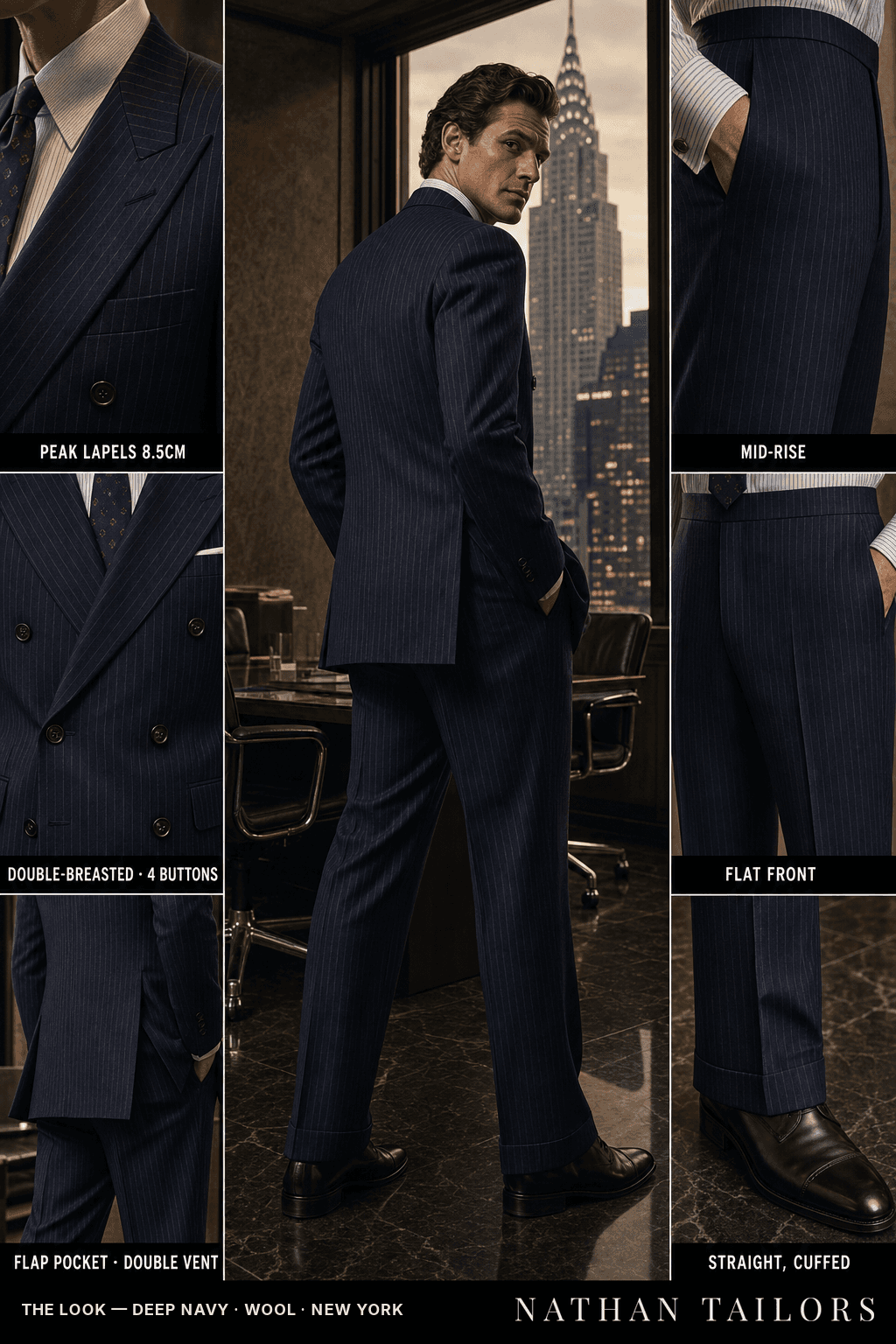 deep navy pinstripe double-breasted bespoke suit — custom tailored by Nathan Tailors, the Hoi An custom tailor