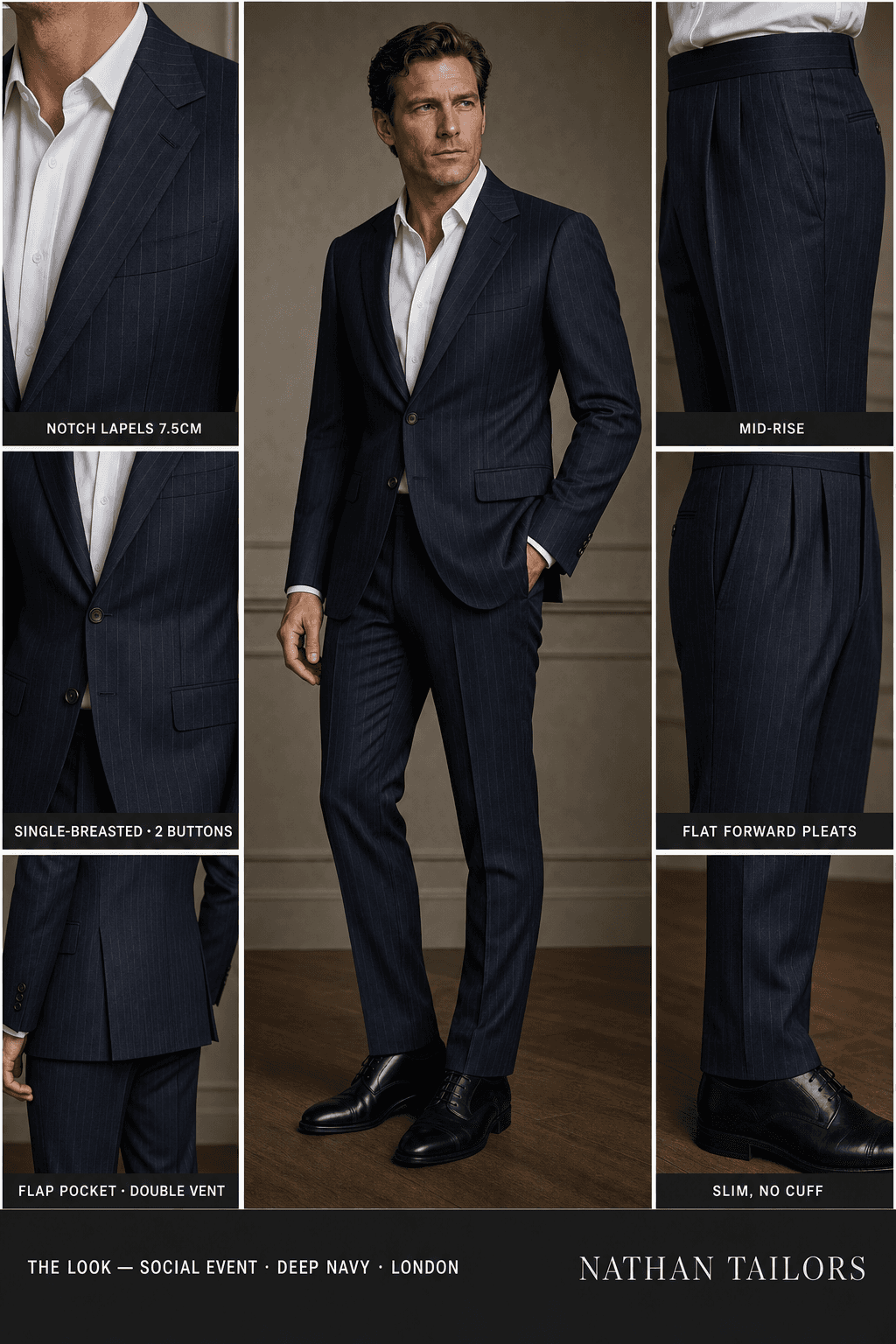deep navy pinstripe single-breasted notch-lapel bespoke suit — AI-rendered by Nathan Tailors, the Hoi An custom tailor. Available as a custom tailored suit from $129.