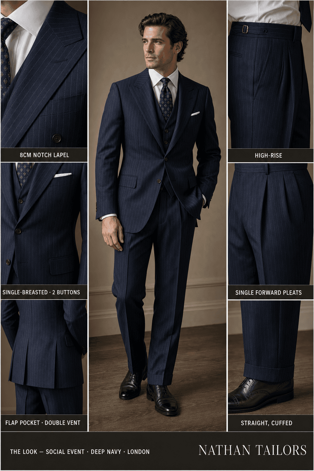 deep navy pinstripe single-breasted bespoke suit — custom tailored by Nathan Tailors, the Hoi An custom tailor