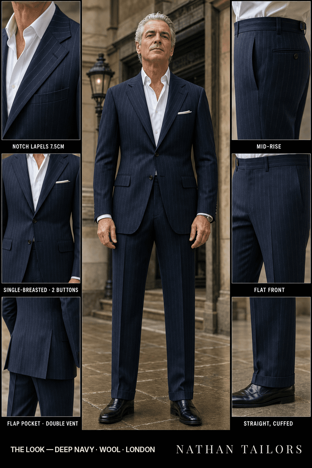 deep navy pinstripe single-breasted bespoke suit — custom tailored by Nathan Tailors, the Hoi An custom tailor