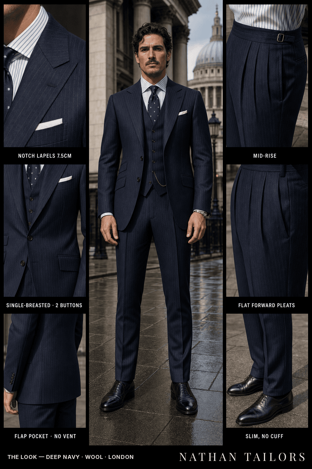 deep navy pinstripe single-breasted bespoke suit — custom tailored by Nathan Tailors, the Hoi An custom tailor