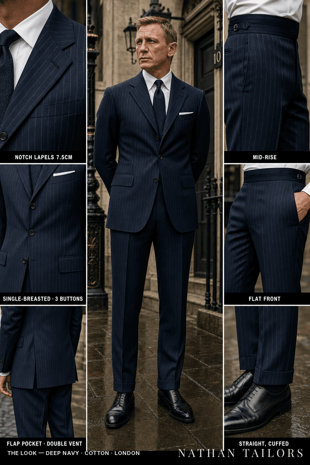 deep navy pinstripe single-breasted notch-lapel bespoke suit — AI-rendered by Nathan Tailors, the Hoi An custom tailor. Available as a custom tailored suit from $149.