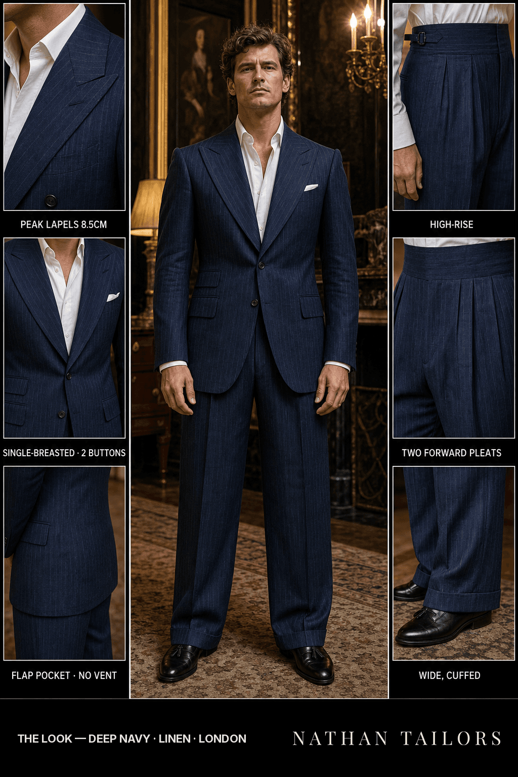 deep navy pinstripe single-breasted bespoke suit — custom tailored by Nathan Tailors, the Hoi An custom tailor